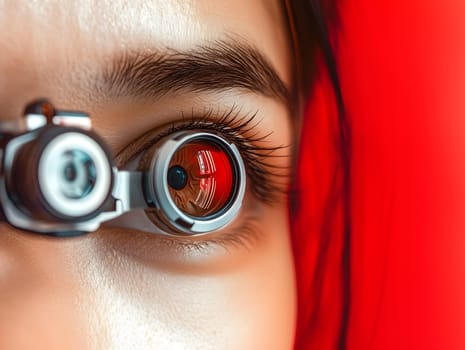 Extreme close-up of a person's eye undergoing an ophthalmic examination with a high-tech optometry device. The image highlights precision in vision diagnostics, eye health, and advanced medical technology.