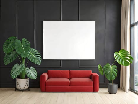 Canvas Mockup in Modern Living Room with Red Sofa and Blank Canvas. Horizontal Poster Mockup. Empty Canvas
