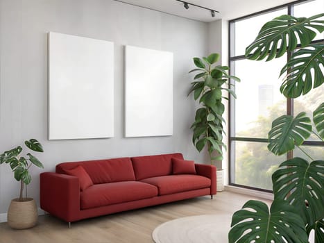 Canvas Mockup in Modern Living Room with green plants. Red Sofa and Two Blank Canvases on white wall. Two Vertical Posters Mockup. Empty Canvas
