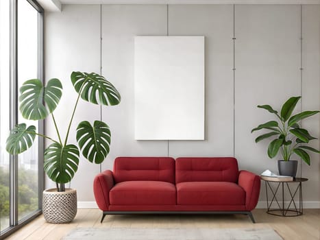 Canvas Mockup in Modern Living Room with green plants. Red Sofa and Blank Canvas on white wall. Vertical Poster Mockup. Empty Canvas