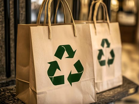 Two recyclable paper bags featuring the green recycling symbol, promoting sustainability and eco-friendly shopping. Ideal for concepts related to environmental conservation, zero waste, and responsible consumerism.