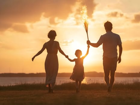 A loving family of three walks hand in hand at sunset, with the child holding a burning torch. This heartwarming scene symbolizes unity, warmth, happiness, and a bright future.
