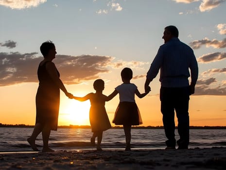 A joyful family of four walks along the beach at sunset, holding hands and enjoying the serene atmosphere. The warm glow of the setting sun highlights their strong bond, love, and togetherness.