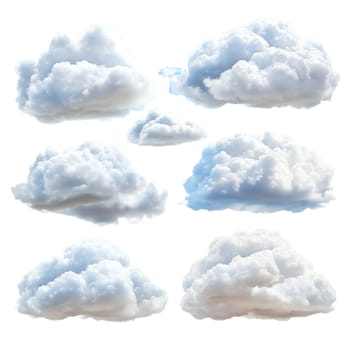 Eight fluffy cumulus clouds isolated on a white background.