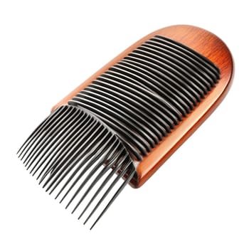A wooden comb with black teeth is shown in a three-quarter view, angled toward the lower left.
