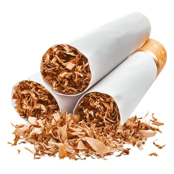 Three cigarettes are shown with their paper removed, revealing the tobacco inside and scattered tobacco pieces.