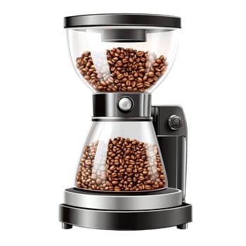 A black and silver coffee bean grinder with glass containers is shown against a white background.