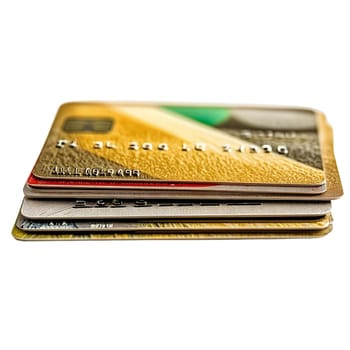 A stack of credit cards, various colors and designs, rests on a white background.