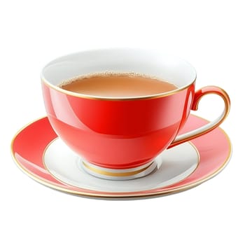 A red teacup and saucer with gold trim holds a cup of tea.