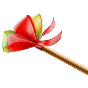 A red and green ribbon is tied to a wooden stick.