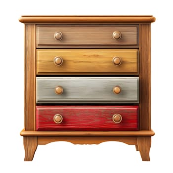 A four-drawer wooden chest of drawers with multicolored drawers and wooden knobs.