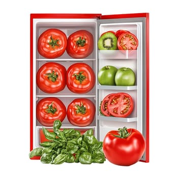 A red refrigerator is opened, revealing fresh tomatoes, kiwi, apples, and basil, showcasing healthy food storage.