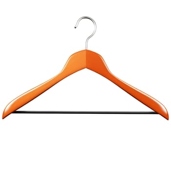 A high-quality, isolated render of a light-orange wooden clothes hanger with a metallic hook, perfect for showcasing clothing or fashion items.