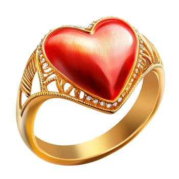 This exquisite gold ring features a heart-shaped red gemstone, adorned with delicate filigree and sparkling diamonds, perfect for a romantic gift.