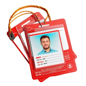 Two red plastic ID card holders with lanyard are stacked, one displaying a man's photograph and personal details.