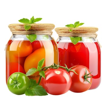 Two glass jars filled with preserved tomatoes, one with tomato juice, the other with whole tomatoes, are complemented by fresh tomatoes and basil leaves.