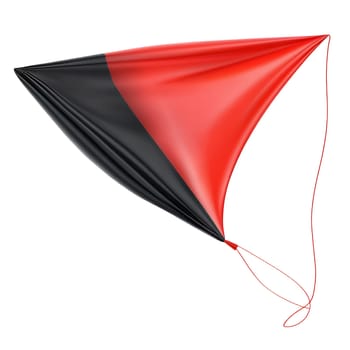 A red and black flag, seemingly made of fabric, is elegantly draped and caught by a thin red string, creating a dynamic, flowing composition.