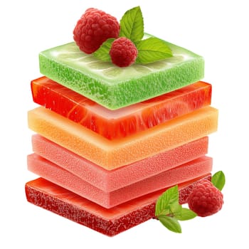 A stack of colorful fruit-flavored jellies, topped with fresh raspberries and mint leaves, creates a vibrant and delicious image.