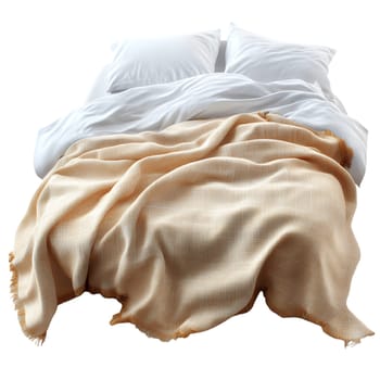 A neatly made bed with white linens and a cozy beige throw blanket, perfect for a relaxing bedroom scene.