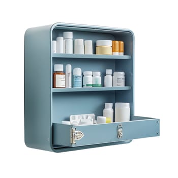 A light-blue wall-mounted medicine cabinet with three shelves and a drawer, neatly organized with various bottles and containers.