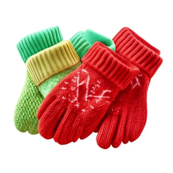A pile of cozy, colorful knitted gloves in red, green, and yellow shades, perfect for winter warmth.