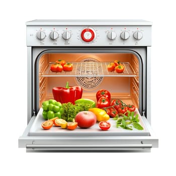 A modern oven with its door open, showcasing a variety of fresh vegetables ready for roasting.