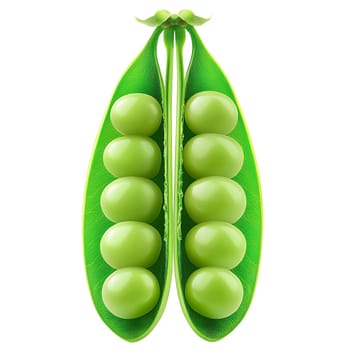 A vibrant, digitally enhanced image showcases a split pea pod revealing rows of plump, green peas, creating a symmetrical and appetizing composition.