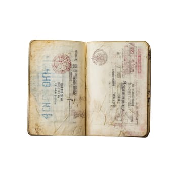 A vintage passport, worn and showing signs of age and travel, lies open, revealing its aged pages and various entry and exit stamps.