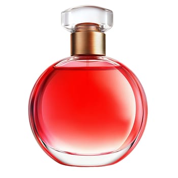 Elegant perfume bottle with a round, red glass body and a gold cap, isolated on white background.