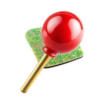 A red push-pin marker sits atop a miniature city map, indicating a location.