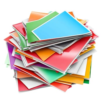 A colorful stack of glossy brochures and papers, ideal for showcasing vibrant marketing materials or design concepts.