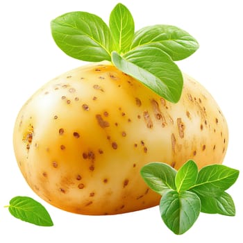 A single, fresh potato with vibrant green leaves, perfect for culinary or healthy food imagery.