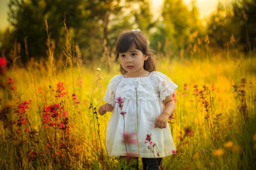 A cute little girl in a white dress standing in the rays of warm sunlight on a blooming field and looking away.