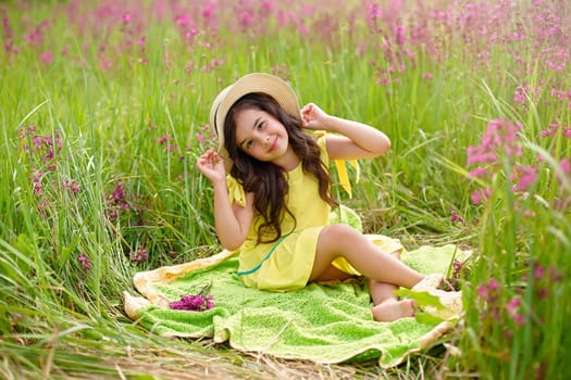 beautiful little girl 4-5 years old, in a straw hat and a yellow dress, sits on a green knitted plaid, in summer, in a field with grass and burgundy viscaria flowers. Look at camera
