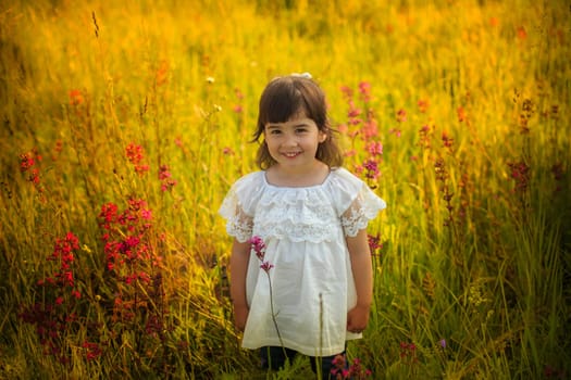 Smiling little cute girl in white dress standing in warm sunlight in blooming field, look at camera