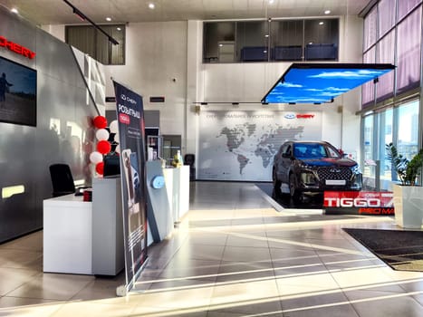 Krasnoyarsk, Russia - November 06, 2024: Beautiful Car in showroom of dealership Chery auto