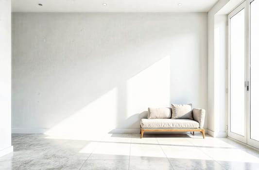 A bright interior featuring a simple sofa bathed in natural light, emphasizing a calm and minimalistic design aesthetic.