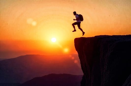 A man leaping off a cliff against a vibrant sunset, embodying determination and the spirit of overcoming obstacles in life.
