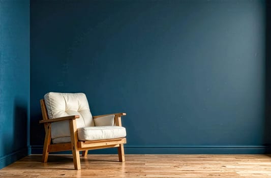A simple and elegant room featuring a light upholstered chair against a dark blue wall with wooden flooring, emphasizing minimalism.