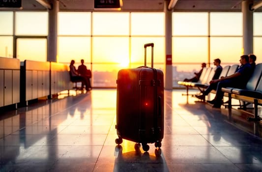 As the sun sets, travelers sit in an airport terminal, waiting with luggage, ready for their next adventure.