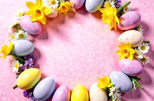 This delightful display features pastel Easter eggs surrounded by cheerful spring flowers, creating a perfect festive atmosphere for celebrations.