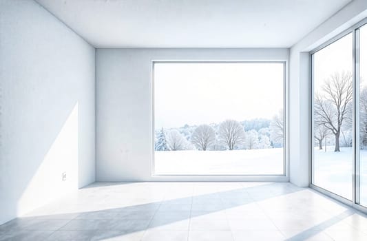 A spacious interior featuring smooth white walls, large windows, and a serene snowy view, creating a calm and inviting atmosphere.