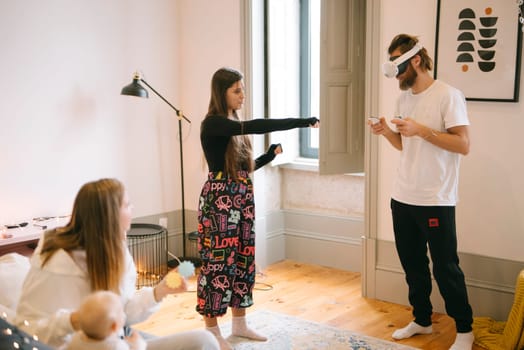 An exhilarating moment showcasing family engagement through immersive virtual reality in a modern setting