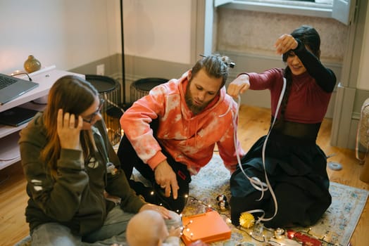 A cozy family gathering, filled with playful interactions and beautifully colorful decorations to enjoy together