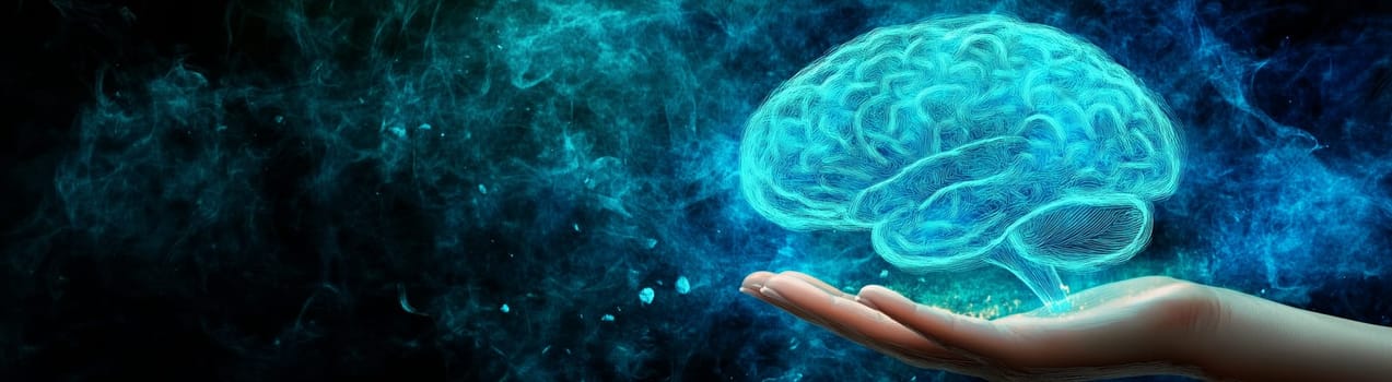 Digital brain floats above a hand in a mystical blue aura.