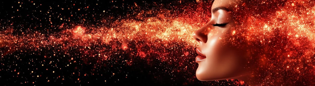 Woman's profile blending into a vibrant cosmic background