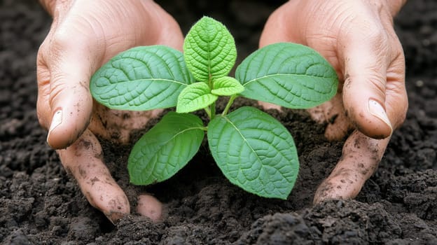 Hands gently holding a vibrant plant in rich soil