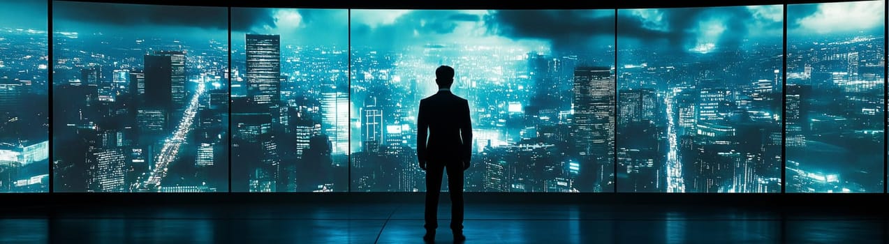 Silhouette of a businessman gazing at a vibrant city skyline