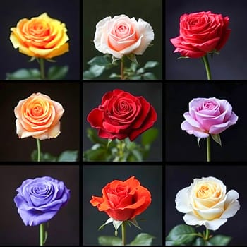 Various colorful blooming roses in a flower collage. AI generated.