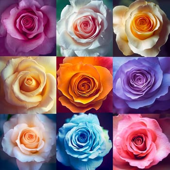 Various colorful blooming roses in a flower collage. AI generated.